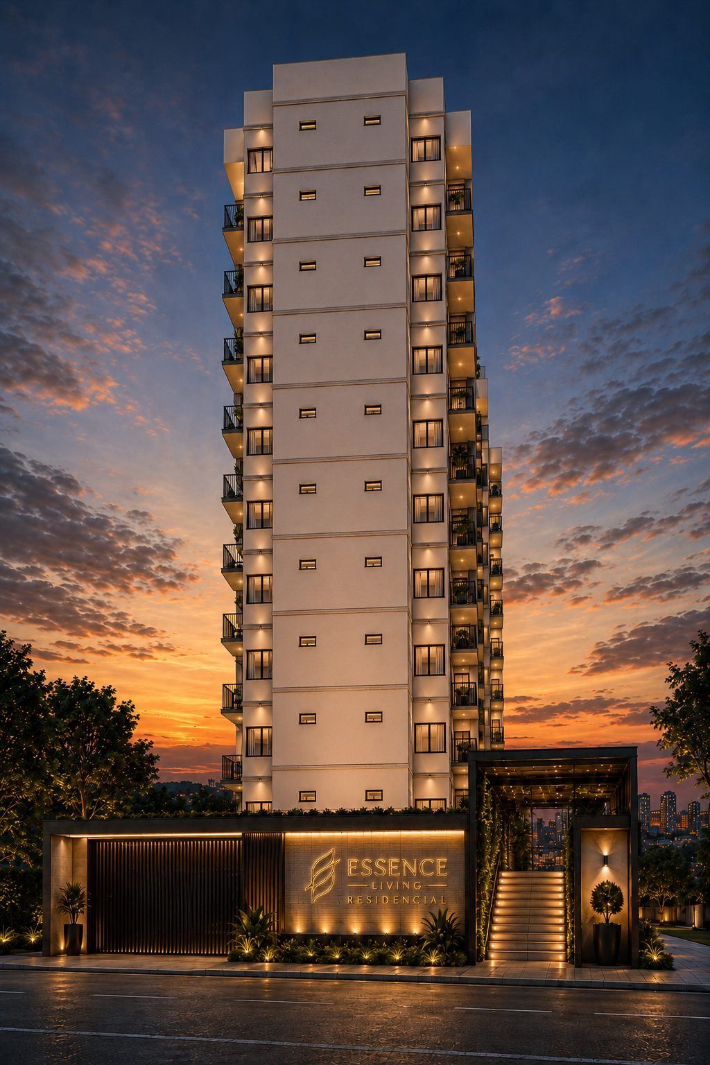 Fachada do Essence Living Residencial ao entardecer